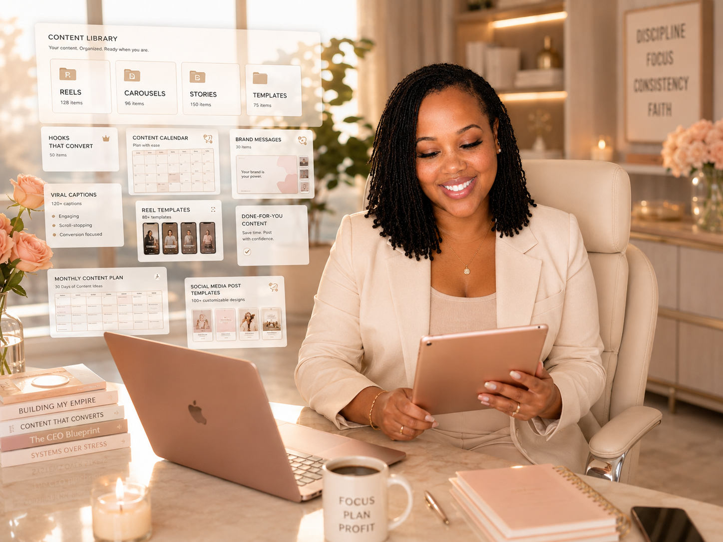 Creator working on digital content at her desk