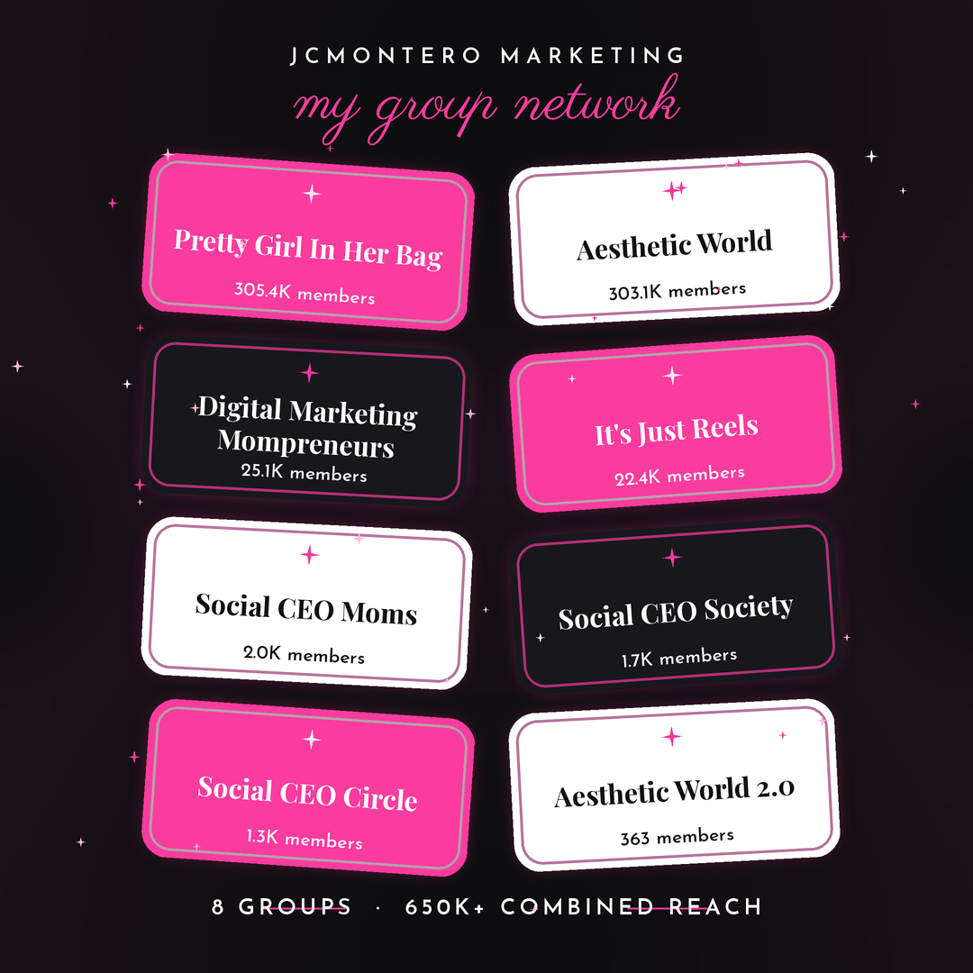 JCMontero Marketing group network: 8 groups with a combined reach of 650,000+