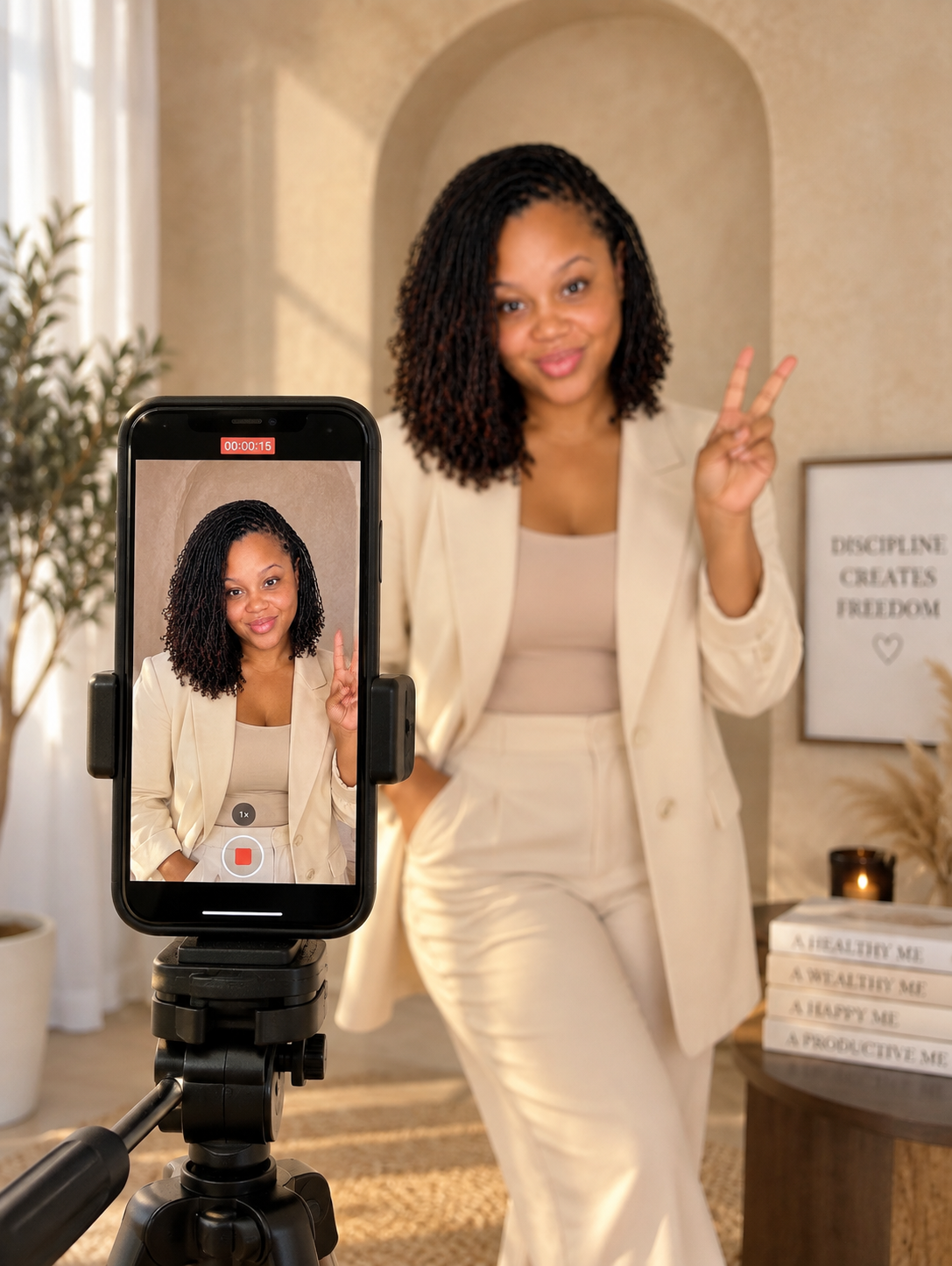 Creator filming business content with her phone